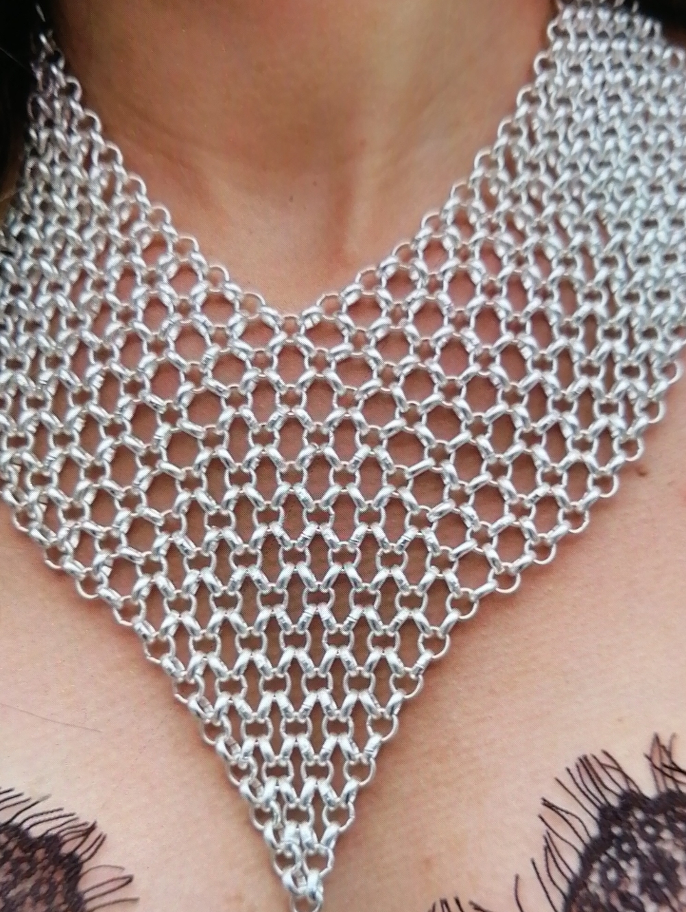 Vintage Artisan Metal Chainmail Mesh Statement Adjustable Necklace 20" Long